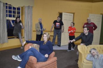 Characters, front from left, Meredith Legg-Grady and David Layfield. Back, Joshua Sellers, Richard Cary, Jon Jordan, Renee Lamance, Max Beard and Larry Johnson practice for “Out of Order.”